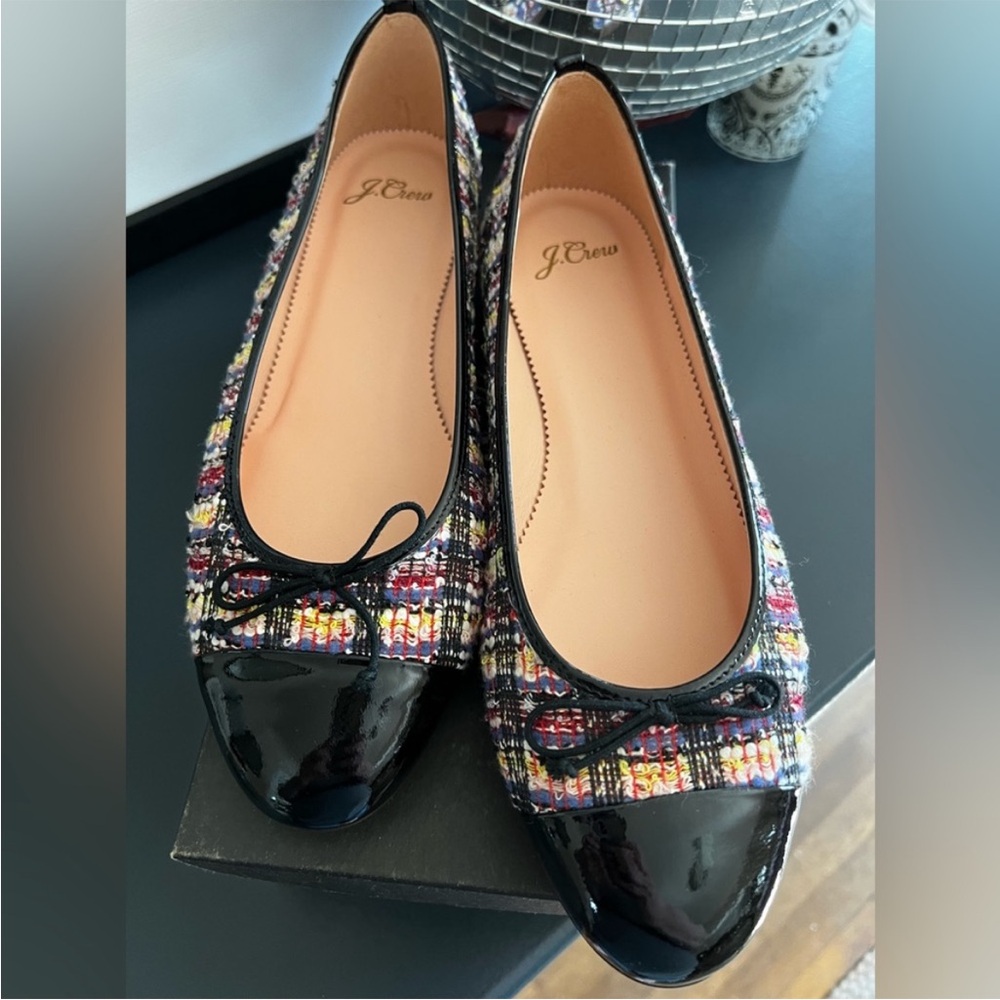 J. Crew Women's Colorful Tweed Flats with Black Patent Toe